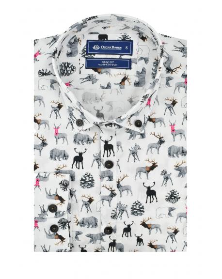 SL 5743 Men's white deer print cotton shirt